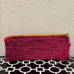 NWOT mar y sol Emily Pouch Handmade Raffia Pink & Yellow Pouch/Clutch w/Tassel